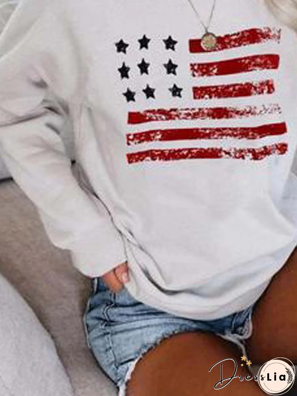 Long Sleeve Printed Polyester Crew Neck Top