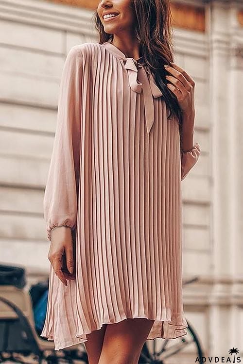 Tied Neck Long Sleeve Pleated Mini Dress