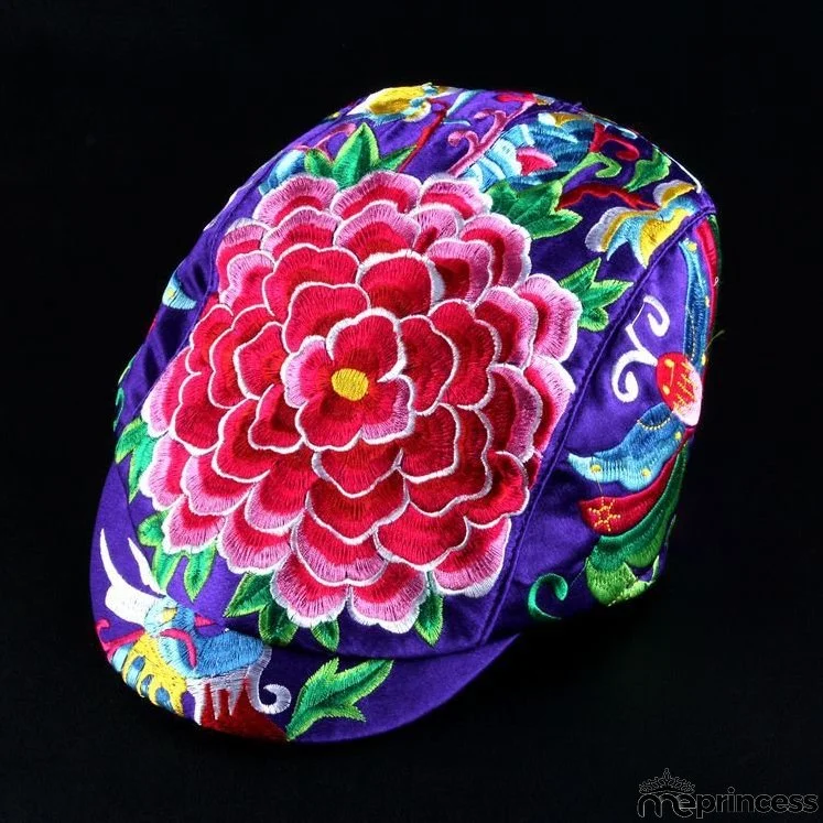 Tibetan Style Embroidered Floral Hat Cap