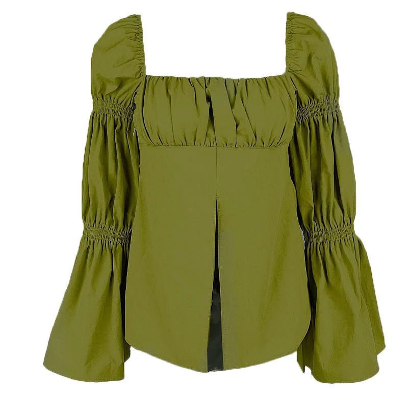 Brownm Brownm Autumn New Sweet French Square Collar Pleated Horn Sleeve Design Sense Top Women's Wear
