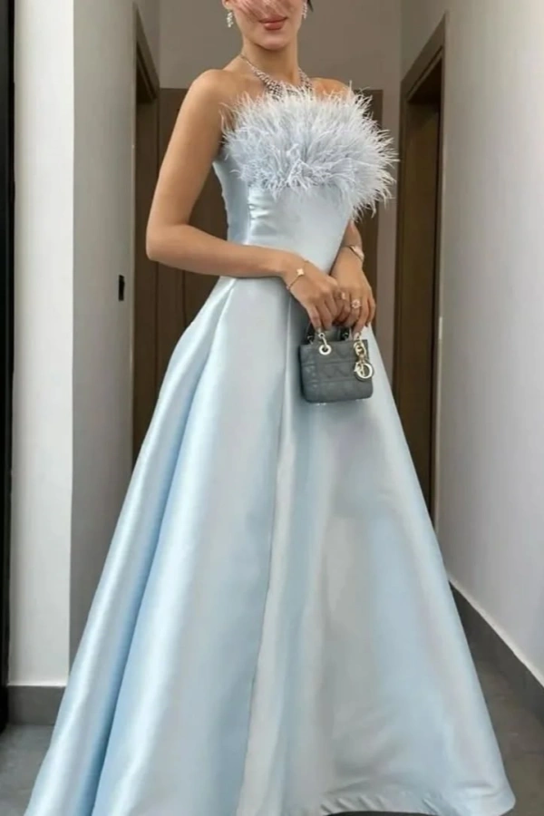 Strapless Light Blue Elegant Feathers Evening Dress | ZT0429