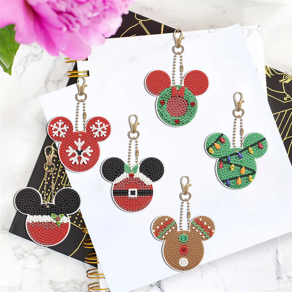6pcs DIY Xmas Mickey Mouse Diamond Keychains Pendant Double Sided Diamond Art Keychains