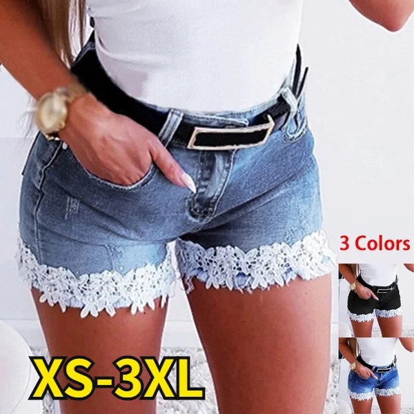 New Fashion Women Denim Shorts Stitching Lace Summer Jeans Shorts S-3XL