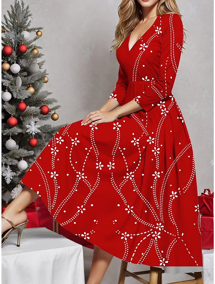 Christmas Snowflake Printed V-neck Dress VangoghDress