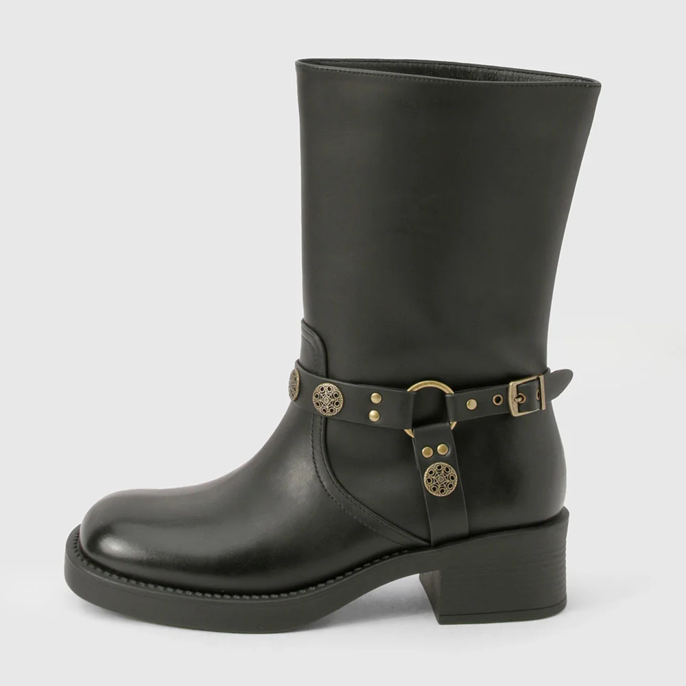 Black Square Toe Studded Block Heel Mid Calf Boots for Women