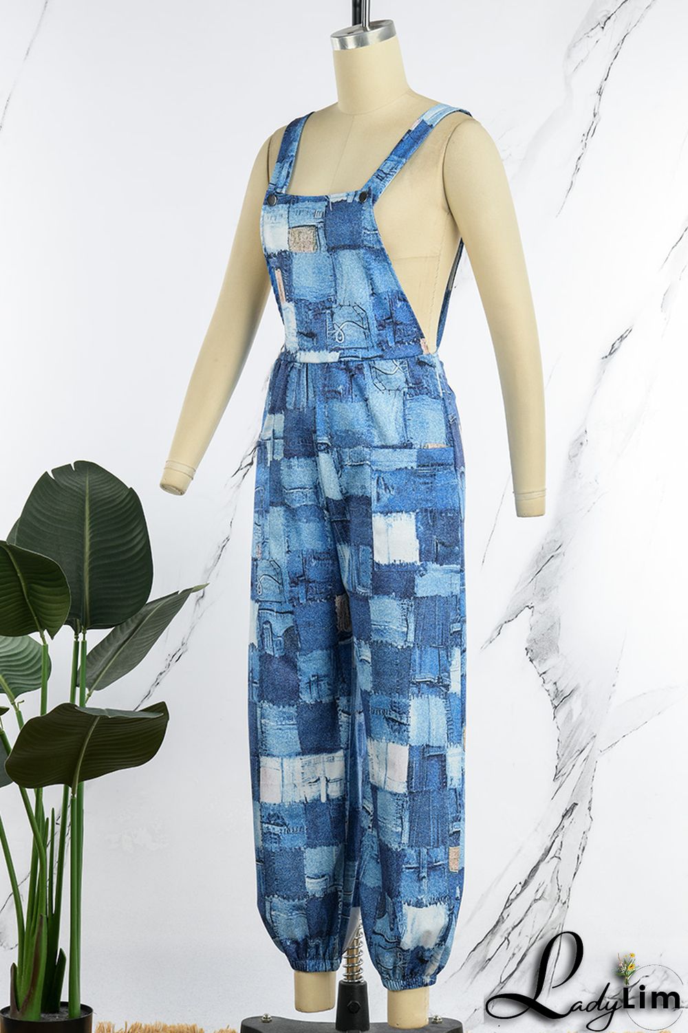 Blue Sexy Print Patchwork Backless Straight Jumpsuits