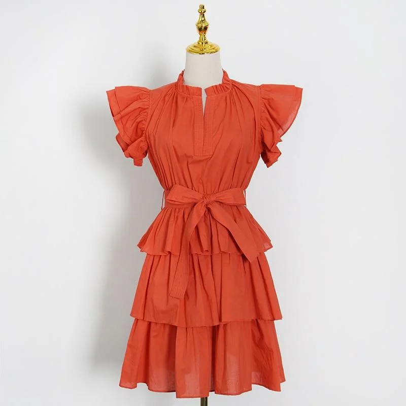 ABEBEY Elegant Patchwork Ruffle Female Dress Stand Collar Short Sleeve High Waist Bowknot Summer Dresses For Women Fashion