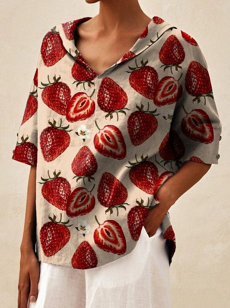 Women's Vintage Lovely Strawberry Art Print Casual Linen V-neck Shirt