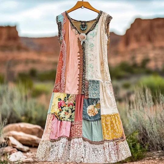 lareven Women's Vintage Floral Lace Patch Comfort Dress