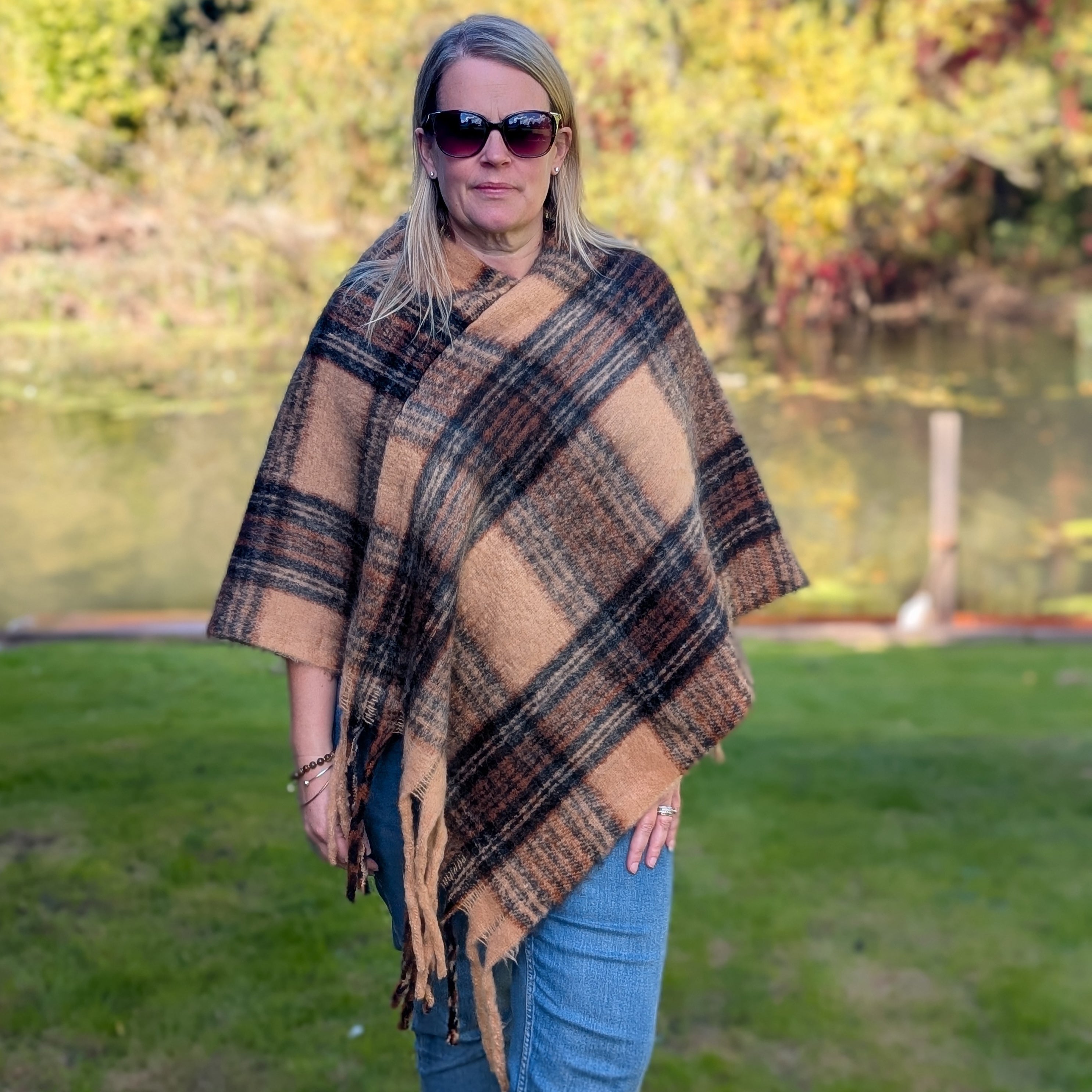 White Neutrals Check Plaid Poncho - Thick Cosy Feel