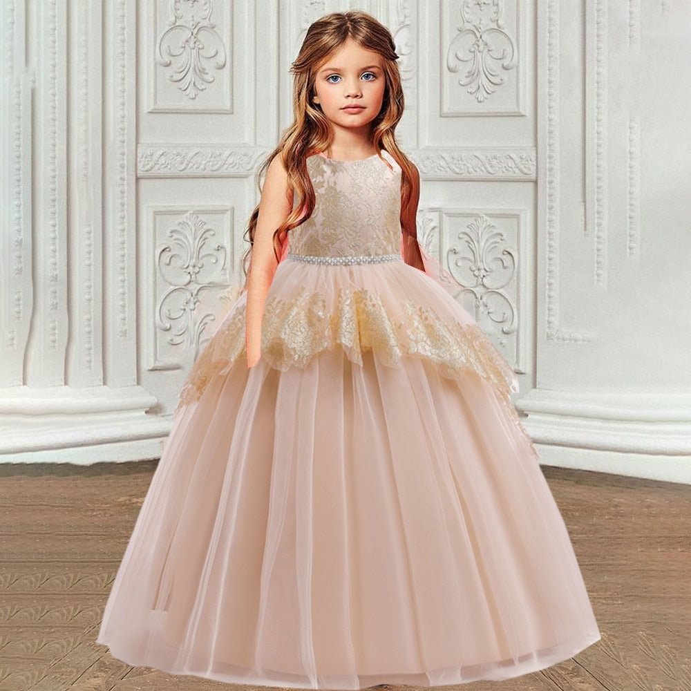 Pageant Flower Girls Dress  Bow Ball Gown Weddings Party Communion Evening Pageant Dresses Children Kids Clothes Lace Girl Dress