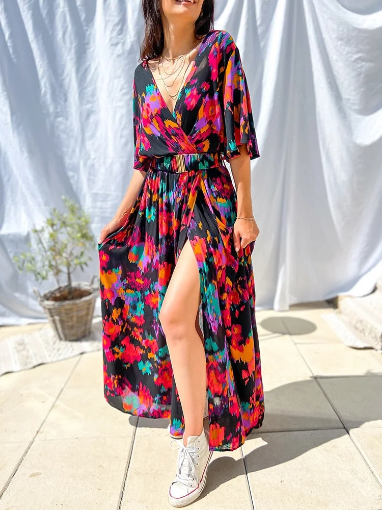 Sonicelife  Fashion V-Neck Short Sleeve Boho Beach Dress Casual A-Line Long Belt Sundress Robe 2022 New Print Pattern Women Summer Cover-Ups