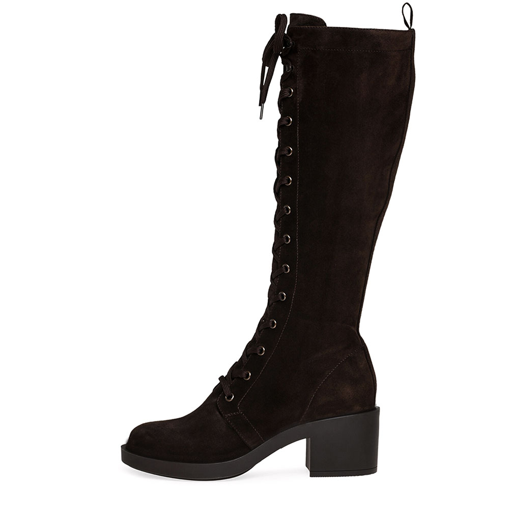 Dark Brown Vegan Suede Round Toe Block Heel Lace Up Tall Boots Nicepairs