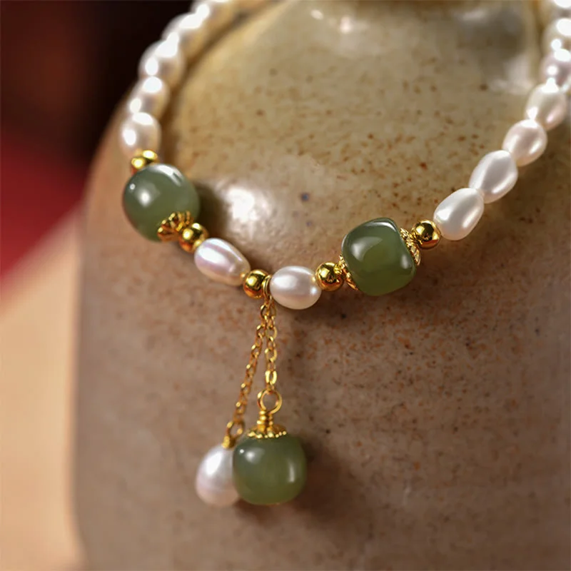 925 Sterling Silver Natural Pearl Hetian Jade Healing Bracelet