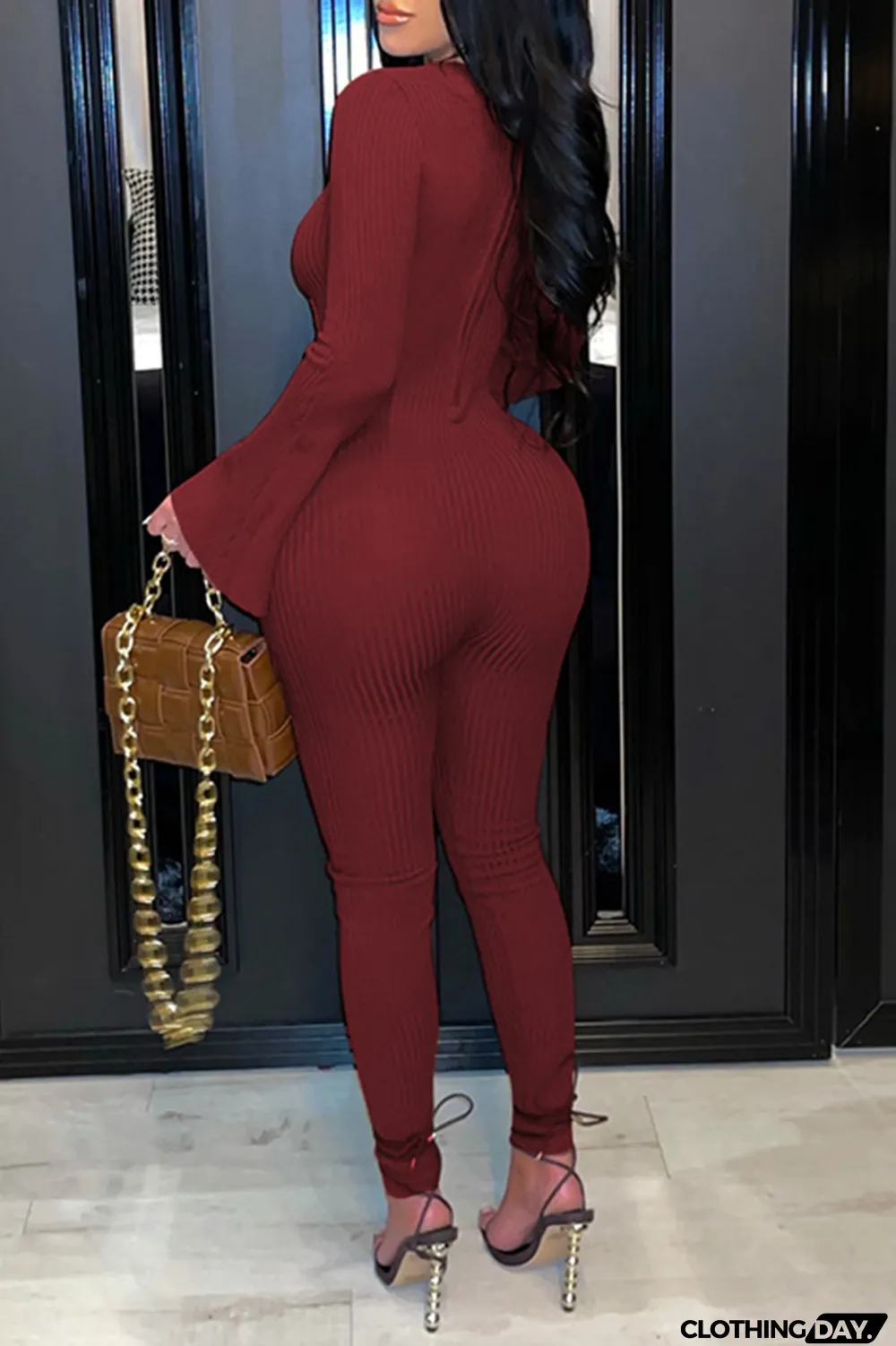 Burgundy Sexy Solid Hollowed Out V Neck Boot Cut Jumpsuits