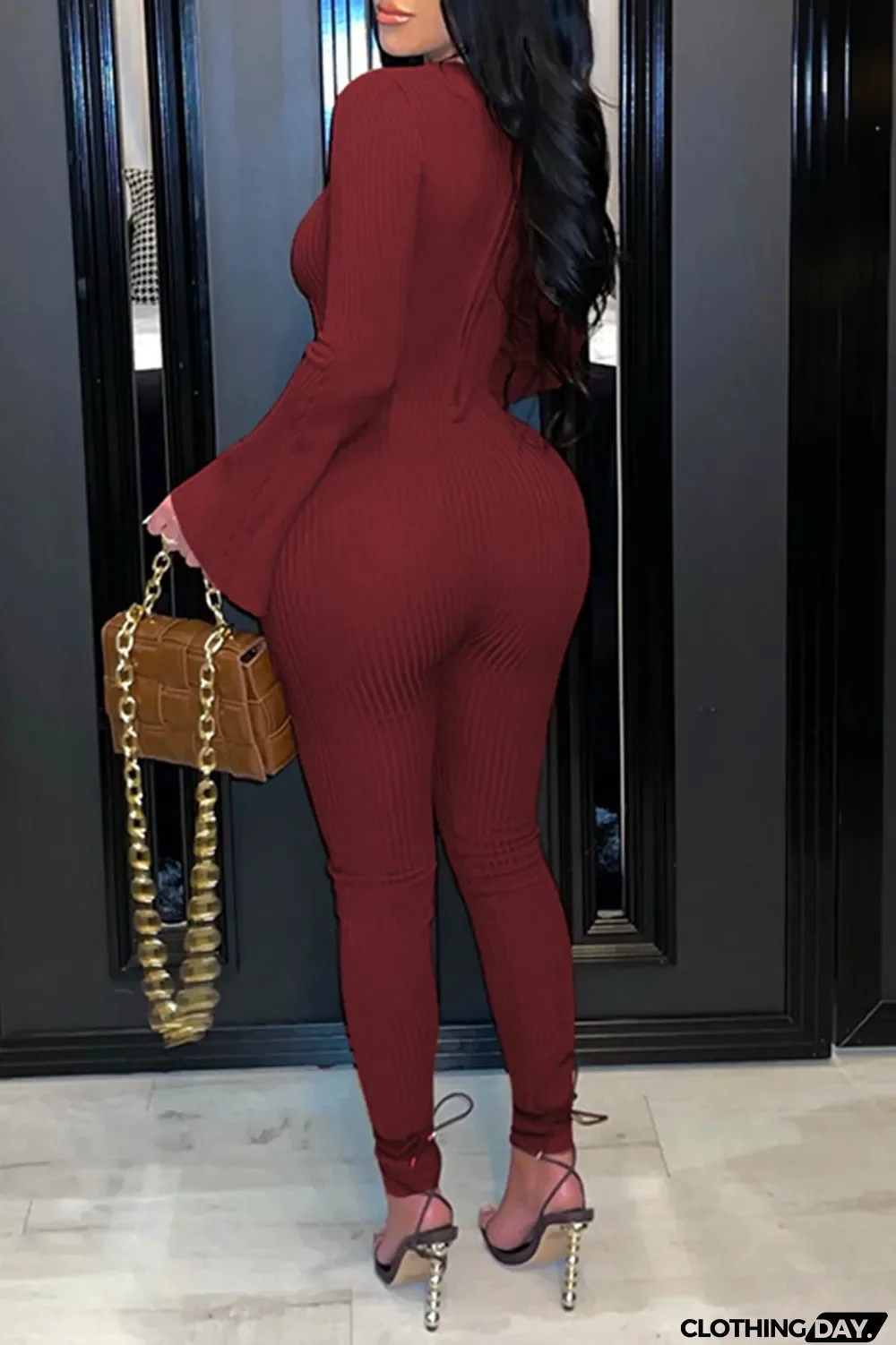 Burgundy Sexy Solid Hollowed Out V Neck Boot Cut Jumpsuits