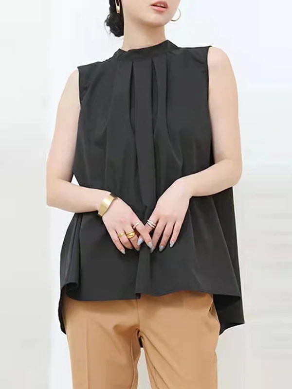 High-low Loose Lace-Up Pleated Solid Color Split-Joint Streamer Stand Collar Vest Top