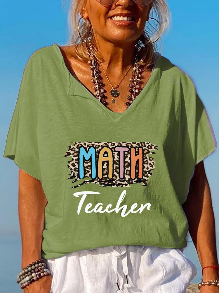 Funny Math Teacher Leopard V Neck T-shirt-07250