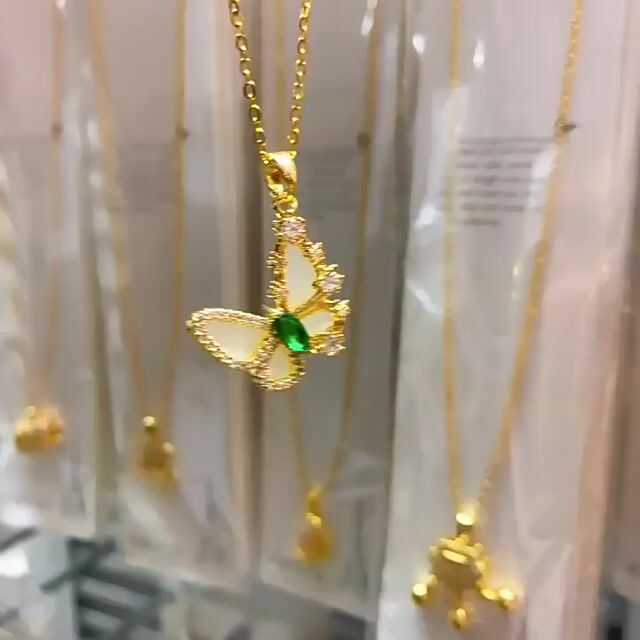 Shell Emerald Zirconia Butterfly Gold-Plated Necklace