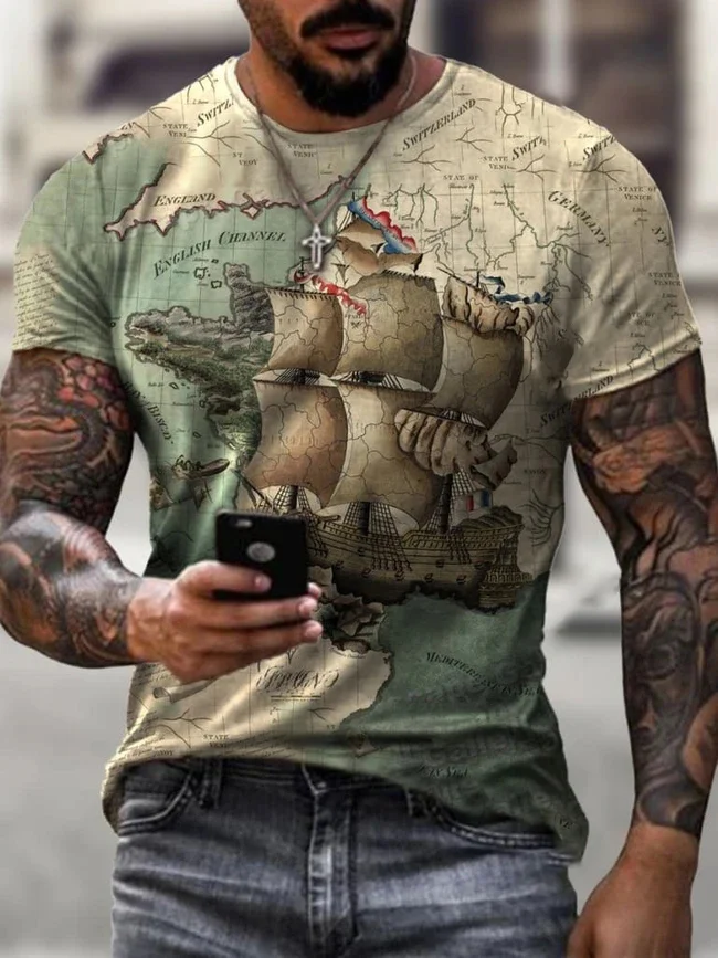 Designer map sailboat print T-shirt / [viawink] /