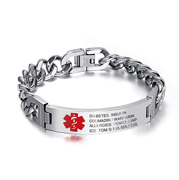 Medical ID Bracelet Epilepsy Allergy Diabetic Tags Bracelets in Durable Stainless steel