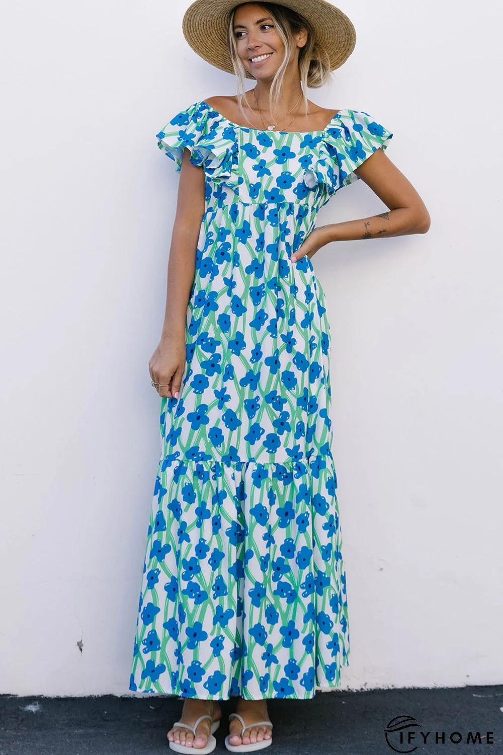 Sky Blue Boho Floral Print Maxi Dress | IFYHOME