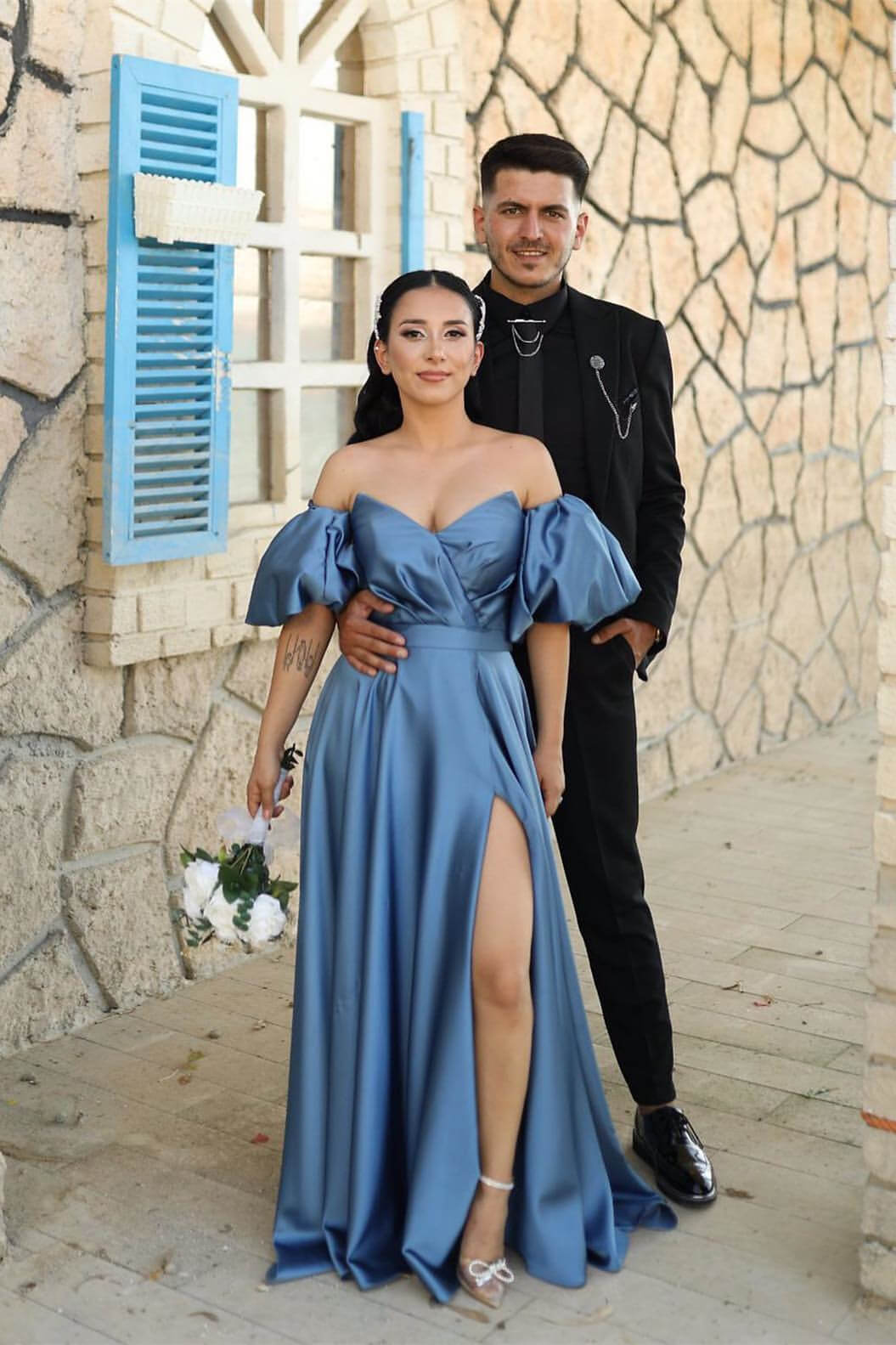 Oknass Dusty Blue Off-The-Shoulder Puff Sleeves Evening Dress With Front Split Sweetheart