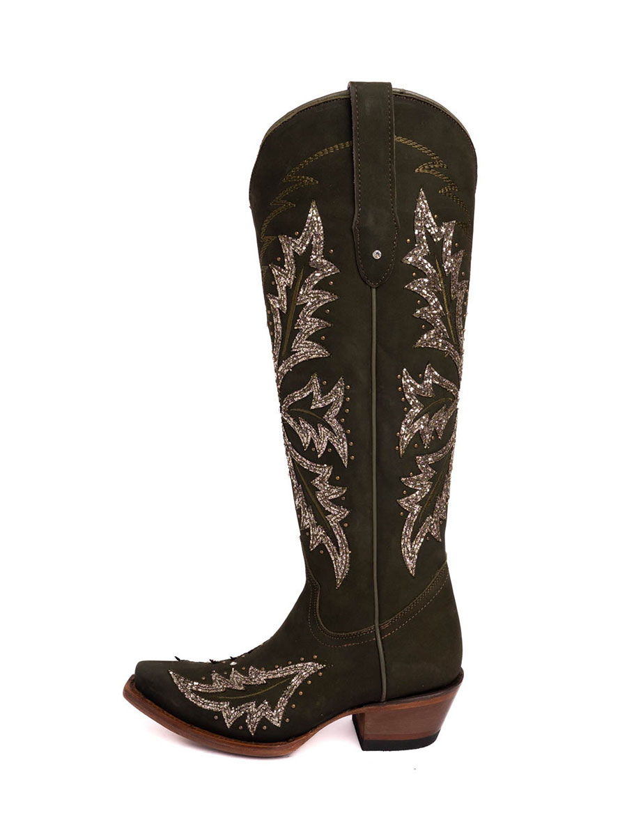 Olive Vegan Leather Pointed Toe Chunky Heel Embroidered Cowgirl Boots