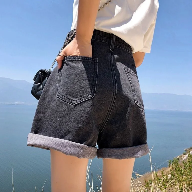FTLZZ Summer Vintage Women High Waist Button Blue Denim Shorts Casual Female Solid Color Wide Leg Loose Gray Jeans Shorts