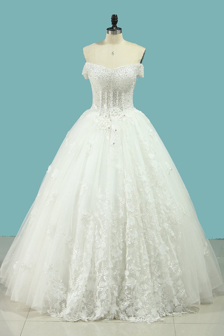 Elegant Lace Off-The-Shoulder A-Line Appliques Wedding Dress With Sequins Tulle | Ballbellas Ballbellas