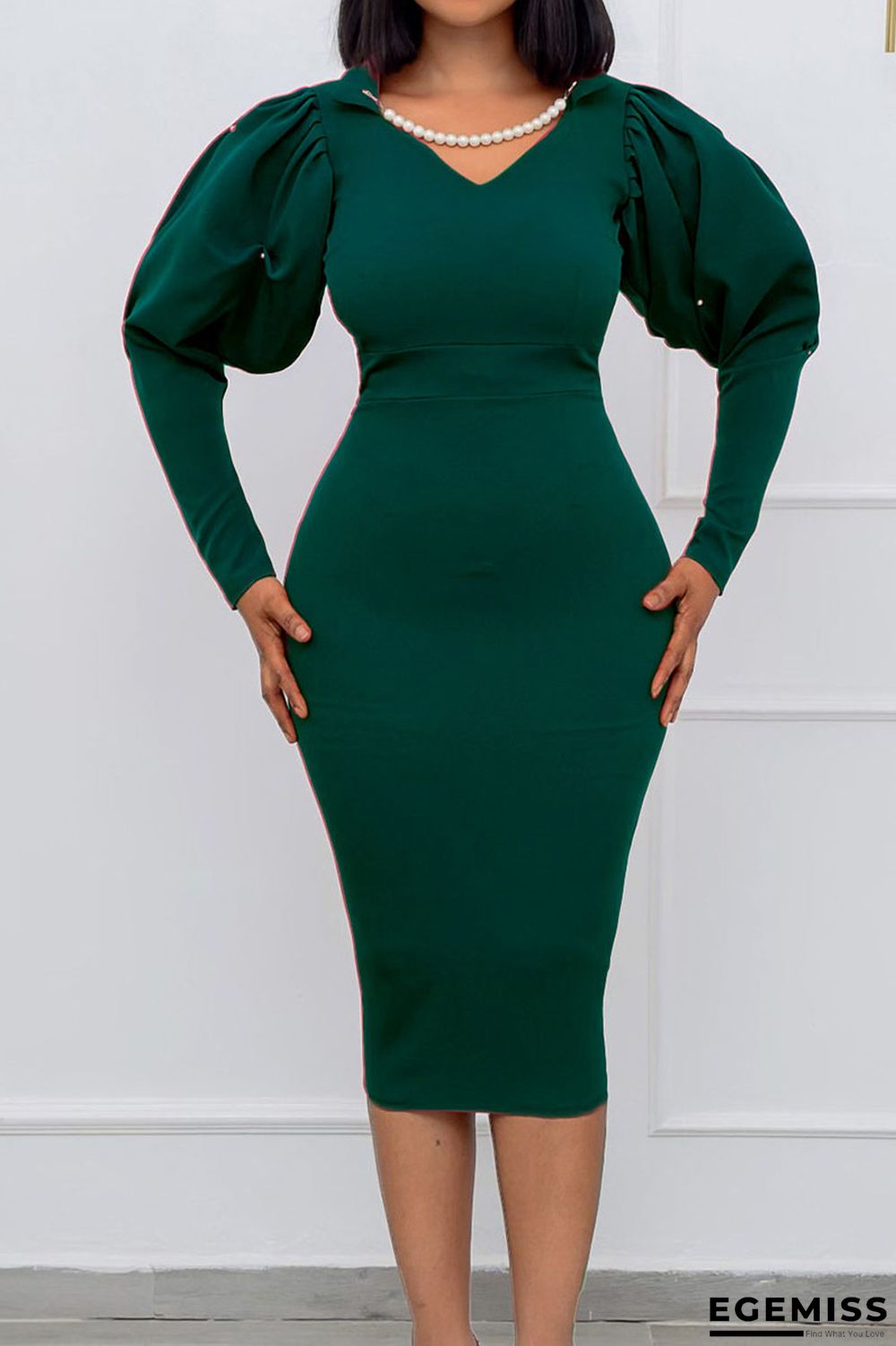 Green Casual Solid Patchwork Beading V Neck One Step Skirt Dresses | EGEMISS