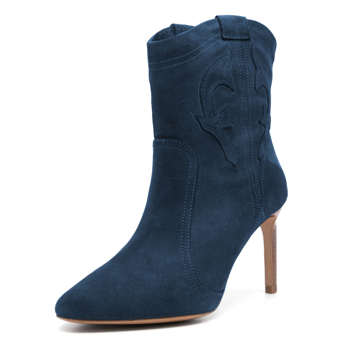 Navy Pointed Toe Stiletto Heel Western Boots for Women with Stitching Nicepairs