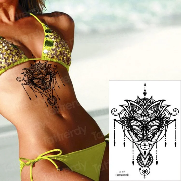 Waterproof Temporary Sticker Geometric dragonfly Sternum Tattoo Black Triangle Tattoos Body Arm Fake Tatoo Chains Sternal patch