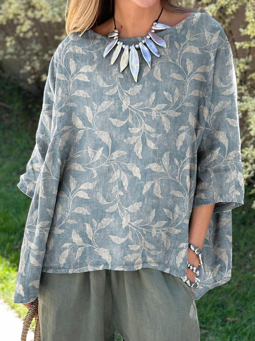 Spring Vines Pattern Printed Women's Casual Cotton And Linen Shirt