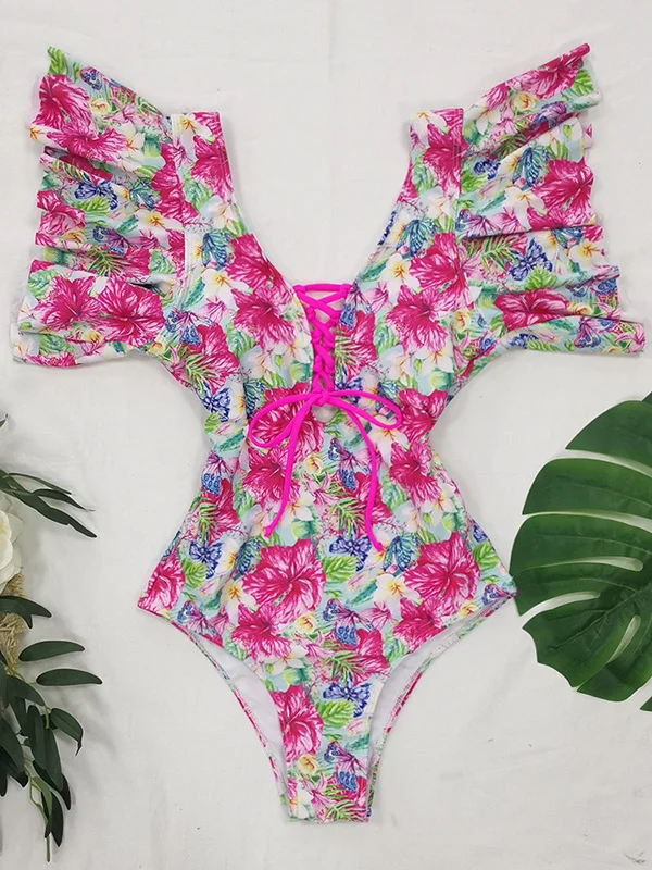 Short Sleeve Falbala Backless Sexy One-Piece Swimwear