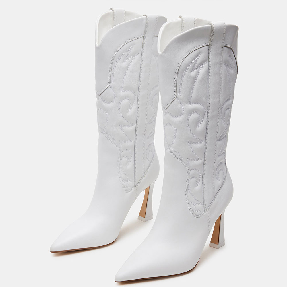 Pointed Toe High Heel Mid-Calf Fashion White Cowboy Boots for Women Nicepairs
