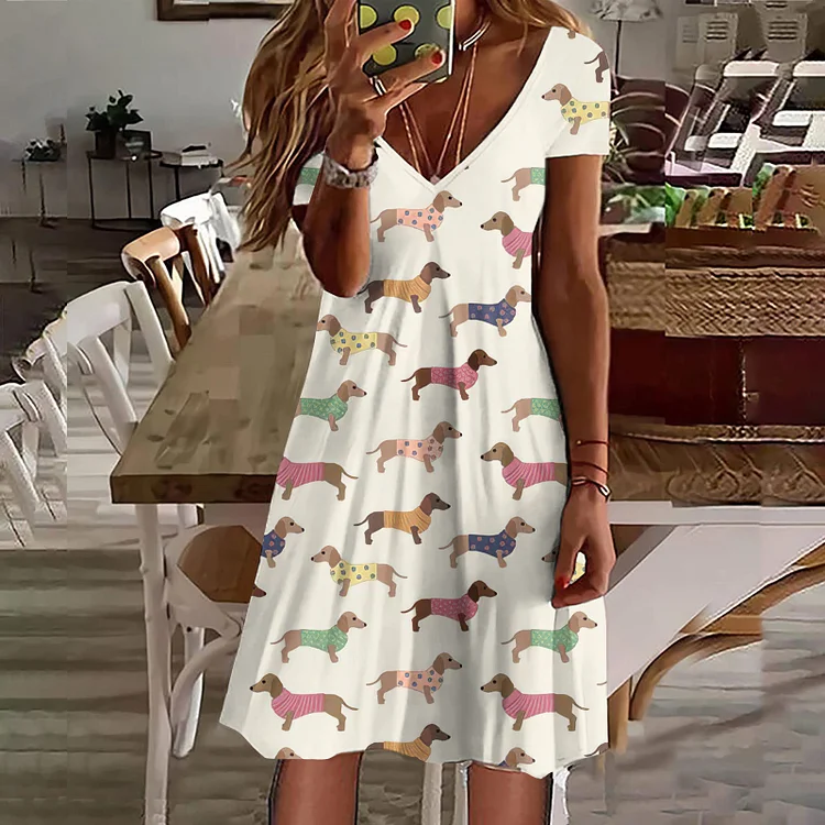 VChics Women's Vintage Dachshund Casual Short Sleeve Dress