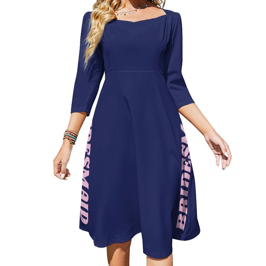 Bridesmaid Bridal Squad Bachelorette Party Attire Dress Sweetheart Tie Back Flared 3/4 Sleeve Midi Dresses