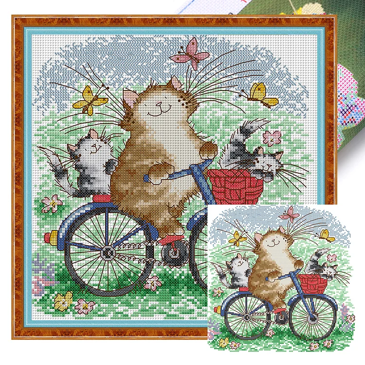 【Joy Sunday Brand】Cat Family on Bicycle Outing 28*28cm 14CT Stamped Canvas Cross Stitch gbfke