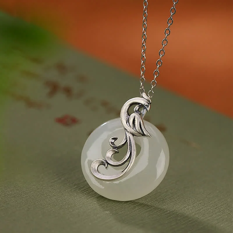 925 Sterling Silver White Jade Peacock Luck Prosperity Necklace Pendant