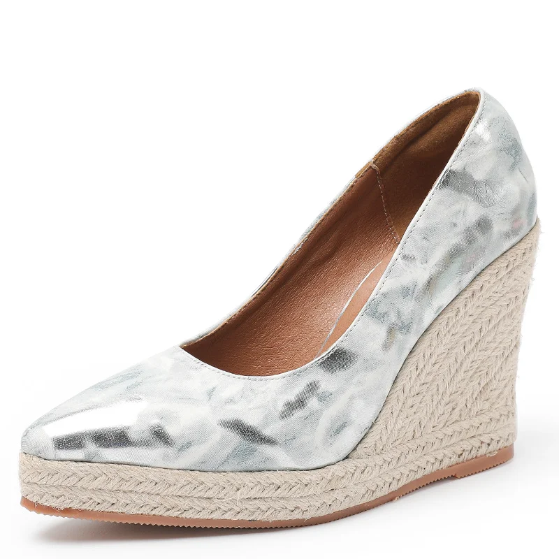 Wongn Wongn And Autumn New Slope Heel Thick Bottom Tip Shallow Mouth High Heel Women's Single Shoes Color Thick Heel Grass Hemp Rope Bottom Large Size