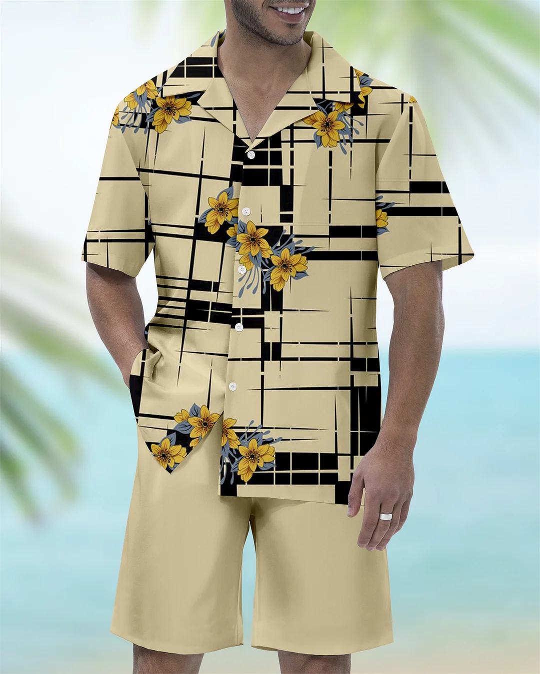 Men's Vacation Bowling Cuban Collar Short Sleeve Shirt Set 058