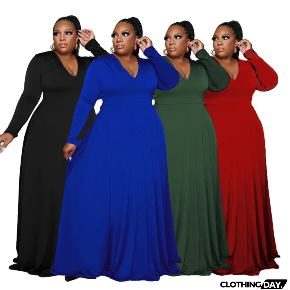 Autumn Black V-Neck Long Sleeves Plus Size Maxi Dress