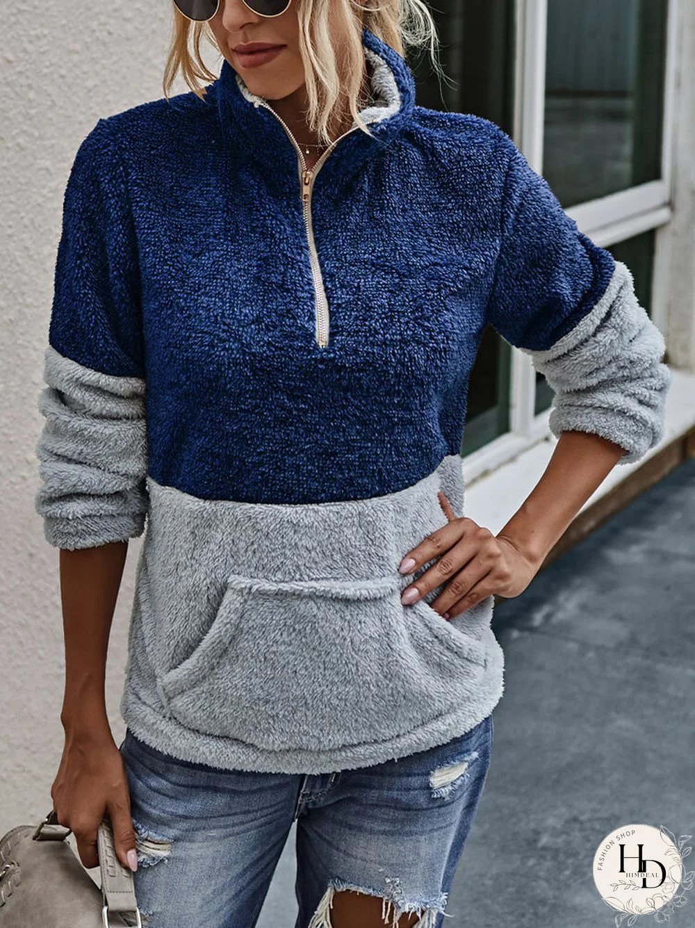 Patchwork Long Sleeve High Neck Zipper Fly Pocket Sweatshirt For Women