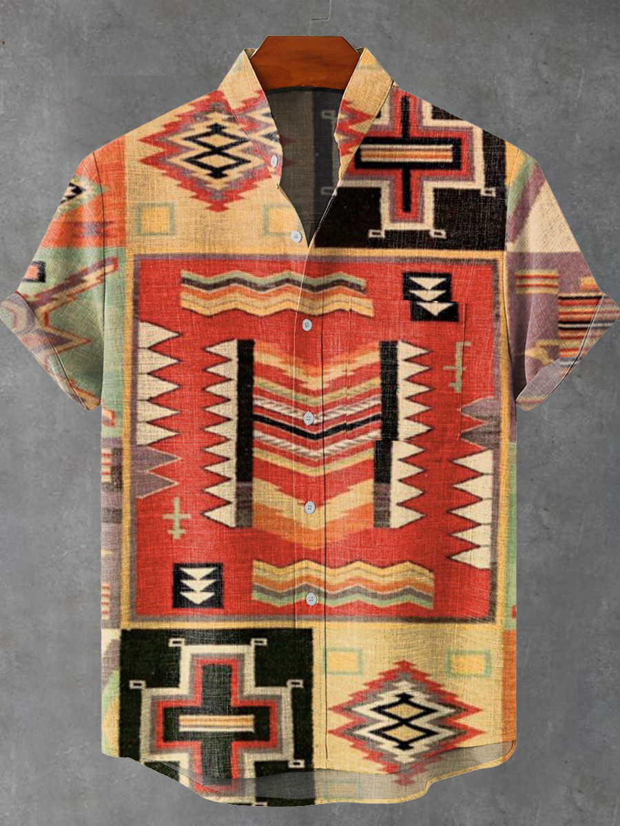 Abstract Geometry of Folk Art Vintage Print Casual 100% Cotton Shirt