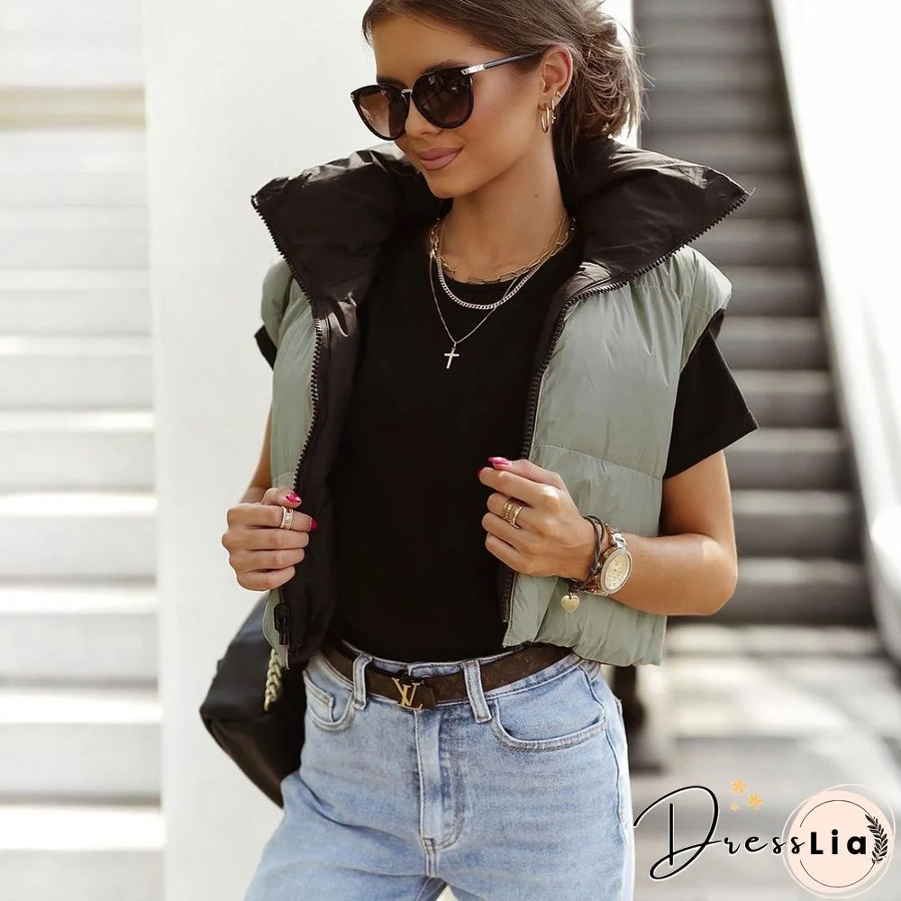 Zip Up Stand Collar Padded Puffy Vest Jackets