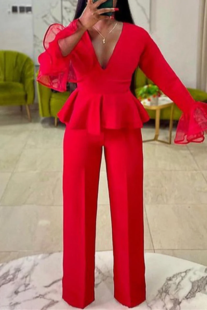 Fashion Casual Solid Split Joint V Neck Regular Jumpsuits