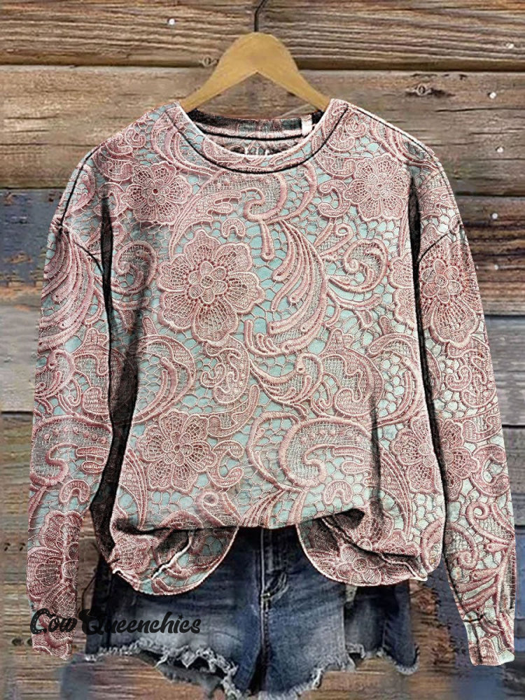 Lace Flower Art Print Sweatshirt Multicolor / S