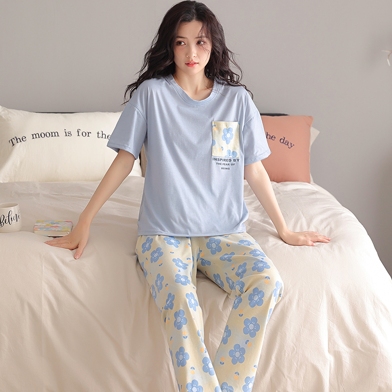 Alccn Summer small floral pyjamas women big yards female modal cotton pajamas set short sleeve long pants casual tracksuit pijamas 4XL