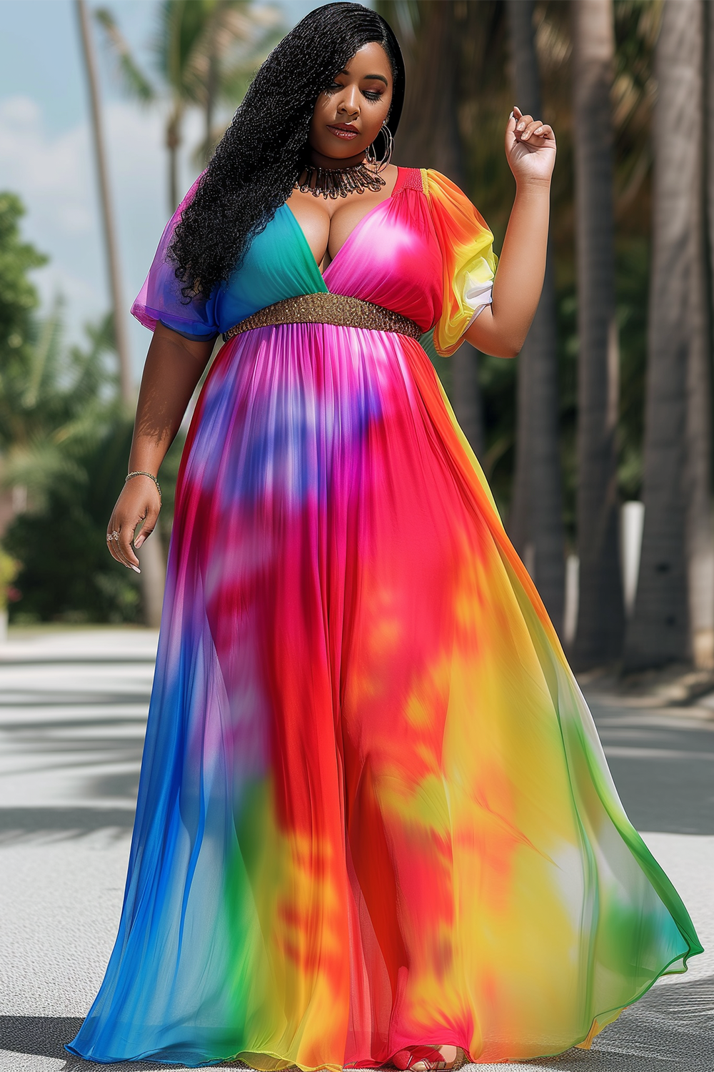 Xpluswear Design Plus Size Vacation Colorful Tie Dye V Neck Short Sleeve Maxi Dress